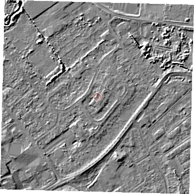 Shaded relief map of the ground around DN402LA, computed from Environment Agency LiDAR. The ground here sits at about 3 m above sea level and falls 5 m across the surrounding 800 m. Surface water reaching this point runs off ground lying to the south-south-east, 1.0 m higher.