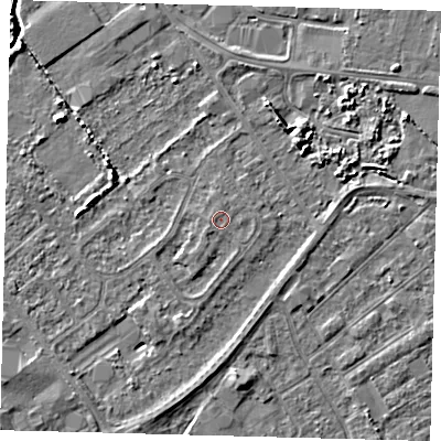 Shaded relief map of the ground around DN402LB, computed from Environment Agency LiDAR. The ground here sits at about 3 m above sea level and falls 4 m across the surrounding 800 m. Surface water reaching this point runs off ground lying to the west-south-west, 0.7 m higher.