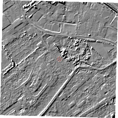 Shaded relief map of the ground around DN402LE, computed from Environment Agency LiDAR. The ground here sits at about 3 m above sea level and falls 5 m across the surrounding 800 m. Surface water reaching this point runs off ground lying to the north, 2.8 m higher.