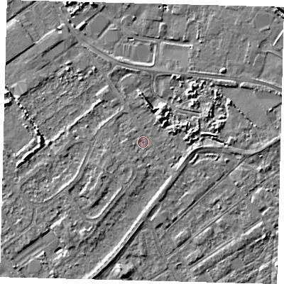 Shaded relief map of the ground around DN402LF, computed from Environment Agency LiDAR. The ground here sits at about 3 m above sea level and falls 4 m across the surrounding 800 m. Surface water reaching this point runs off ground lying to the north, 3.2 m higher.