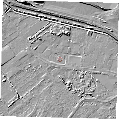 Shaded relief map of the ground around DN402LG, computed from Environment Agency LiDAR. The ground here sits at about 2 m above sea level and falls 14 m across the surrounding 800 m. Surface water reaching this point runs off ground lying to the north-east, 2.5 m higher.