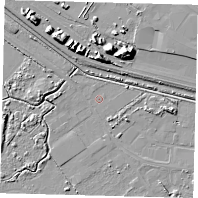 Shaded relief map of the ground around DN402LJ, computed from Environment Agency LiDAR. The ground here sits at about 3 m above sea level and falls 18 m across the surrounding 800 m. Surface water reaching this point runs off ground lying to the west, 3.7 m higher.