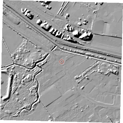 Shaded relief map of the ground around DN402LL, computed from Environment Agency LiDAR. The ground here sits at about 3 m above sea level and falls 18 m across the surrounding 800 m. Surface water reaching this point runs off ground lying to the west, 3.1 m higher.