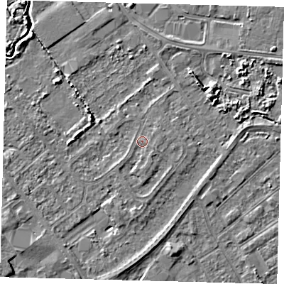 Shaded relief map of the ground around DN402LN, computed from Environment Agency LiDAR. The ground here sits at about 3 m above sea level and falls 5 m across the surrounding 800 m. Surface water reaching this point runs off ground lying to the south, 1.0 m higher.