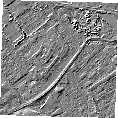 Shaded relief map of the ground around DN402LP, computed from Environment Agency LiDAR. The ground here sits at about 3 m above sea level and falls 4 m across the surrounding 800 m. Surface water reaching this point runs off ground lying to the north-north-west, 0.6 m higher.