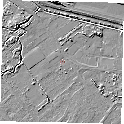 Shaded relief map of the ground around DN402LQ, computed from Environment Agency LiDAR. The ground here sits at about 3 m above sea level and falls 14 m across the surrounding 800 m. Surface water reaching this point runs off ground lying to the south-east, 1.0 m higher.
