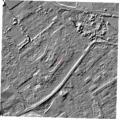 Shaded relief map of the ground around DN402LR, computed from Environment Agency LiDAR. The ground here sits at about 3 m above sea level and falls 4 m across the surrounding 800 m. Surface water reaching this point runs off ground lying to the north-west, 0.8 m higher.