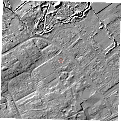 Shaded relief map of the ground around DN402LS, computed from Environment Agency LiDAR. The ground here sits at about 3 m above sea level and falls 7 m across the surrounding 800 m. Surface water reaching this point runs off ground lying to the south-south-west, 3.8 m higher.