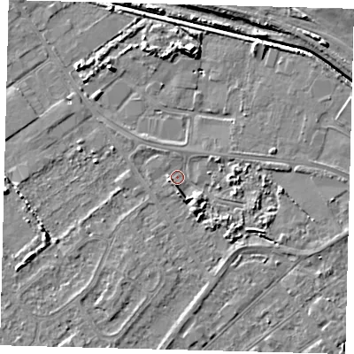 Shaded relief map of the ground around DN402LT, computed from Environment Agency LiDAR. The ground here sits at about 3 m above sea level and falls 6 m across the surrounding 800 m. Surface water reaching this point runs off ground lying to the south, 2.7 m higher.