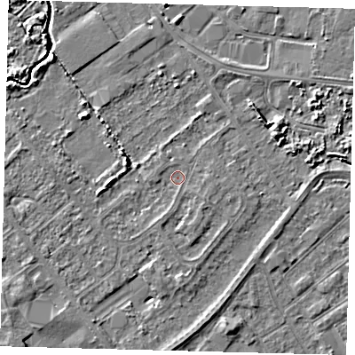 Shaded relief map of the ground around DN402LW, computed from Environment Agency LiDAR. The ground here sits at about 3 m above sea level and falls 5 m across the surrounding 800 m. Surface water reaching this point runs off ground lying to the south-south-east, 1.0 m higher.