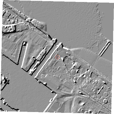 Shaded relief map of the ground around DN402NA, computed from Environment Agency LiDAR. The ground here sits at about 4 m above sea level and falls 11 m across the surrounding 800 m. Surface water reaching this point runs off ground lying to the south-south-west, 1.7 m higher.