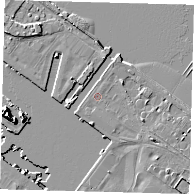 Shaded relief map of the ground around DN402NN, computed from Environment Agency LiDAR. The ground here sits at about 4 m above sea level and falls 13 m across the surrounding 800 m. Surface water reaching this point runs off ground lying to the south-east, 4.0 m higher.