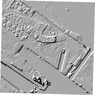 Shaded relief map of the ground around DN402NT, computed from Environment Agency LiDAR. The ground here sits at about 5 m above sea level and falls 13 m across the surrounding 800 m. The ground contributing surface water to this point lies to the east.