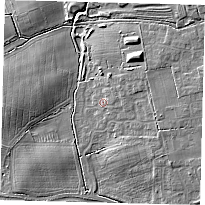 Shaded relief map of the ground around DN402NZ, computed from Environment Agency LiDAR. The ground here sits at about 5 m above sea level and falls 11 m across the surrounding 800 m. Surface water reaching this point runs off ground lying to the east-north-east, 2.4 m higher.