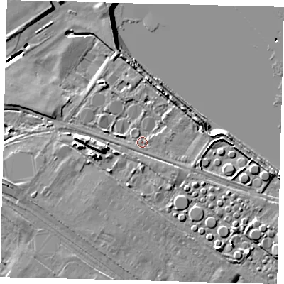 Shaded relief map of the ground around DN402PB, computed from Environment Agency LiDAR. The ground here sits at about 5 m above sea level and falls 11 m across the surrounding 800 m. Surface water reaching this point runs off ground lying to the north-east, 0.8 m higher.