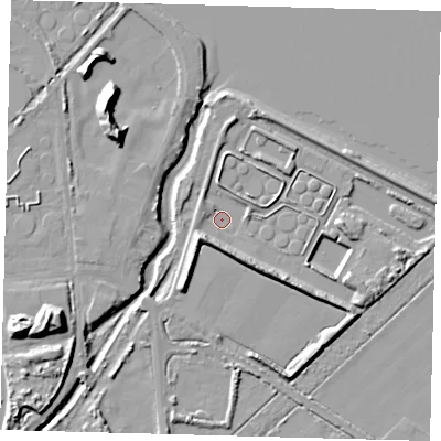 Shaded relief map of the ground around DN402PN, computed from Environment Agency LiDAR. The ground here sits at about 3 m above sea level and falls 15 m across the surrounding 800 m. Surface water reaching this point runs off ground lying to the south-south-east, 7.7 m higher.