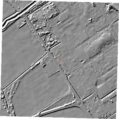 Shaded relief map of the ground around DN402PR, computed from Environment Agency LiDAR. The ground here sits at about 3 m above sea level and falls 5 m across the surrounding 800 m. Surface water reaching this point runs off ground lying to the north, 3.9 m higher.