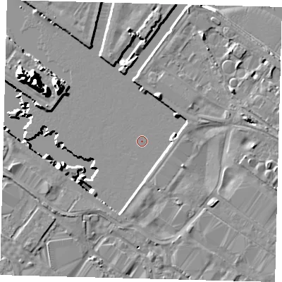 Shaded relief map of the ground around DN402QL, computed from Environment Agency LiDAR. The ground here sits at about 3 m above sea level and falls 13 m across the surrounding 800 m. Surface water reaching this point runs off ground lying to the north-east, 1.9 m higher.