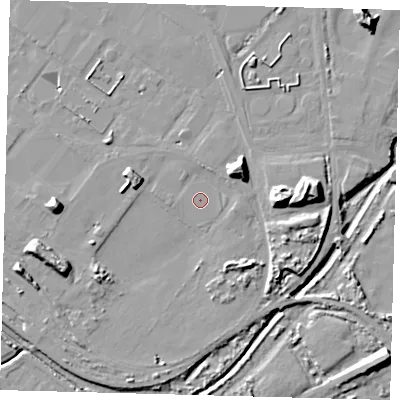 Shaded relief map of the ground around DN402QQ, computed from Environment Agency LiDAR. The ground here sits at about 5 m above sea level and falls 15 m across the surrounding 800 m. Surface water reaching this point runs off ground lying to the north-east, 8.3 m higher.