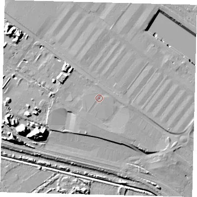 Shaded relief map of the ground around DN402QR, computed from Environment Agency LiDAR. The ground here sits at about 7 m above sea level and falls 19 m across the surrounding 800 m. Surface water reaching this point runs off ground lying to the south-east, 1.4 m higher.