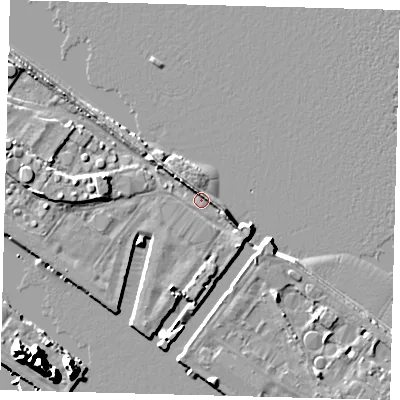 Shaded relief map of the ground around DN402QU, computed from Environment Agency LiDAR. The ground here sits at about 4 m above sea level and falls 13 m across the surrounding 800 m. Surface water reaching this point runs off ground lying to the north-north-west, 1.6 m higher.