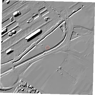 Shaded relief map of the ground around DN402QX, computed from Environment Agency LiDAR. The ground here sits at about 4 m above sea level and falls 17 m across the surrounding 800 m. Surface water reaching this point runs off ground lying to the north-east, 3.2 m higher.