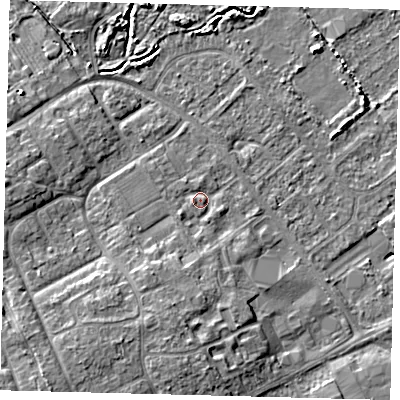 Shaded relief map of the ground around DN402RG, computed from Environment Agency LiDAR. The ground here sits at about 4 m above sea level and falls 8 m across the surrounding 800 m. Surface water reaching this point runs off ground lying to the south, 1.9 m higher.