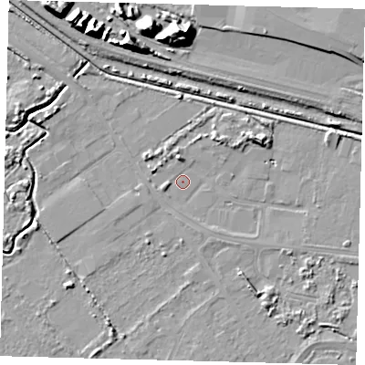 Shaded relief map of the ground around DN402SE, computed from Environment Agency LiDAR. The ground here sits at about 2 m above sea level and falls 18 m across the surrounding 800 m. Surface water reaching this point runs off ground lying to the west-south-west, 1.4 m higher.