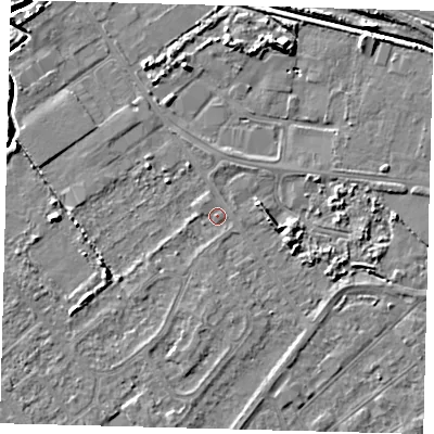 Shaded relief map of the ground around DN402SG, computed from Environment Agency LiDAR. The ground here sits at about 3 m above sea level and falls 5 m across the surrounding 800 m. Surface water reaching this point runs off ground lying to the north-west, 1.5 m higher.