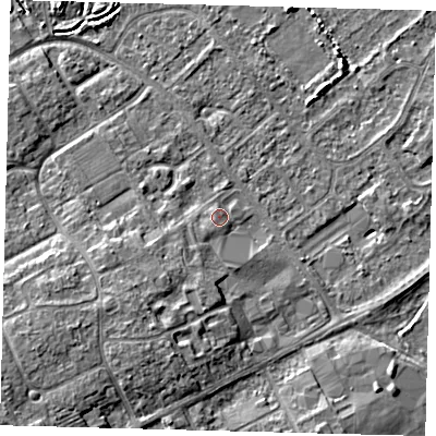 Shaded relief map of the ground around DN402SL, computed from Environment Agency LiDAR. The ground here sits at about 4 m above sea level and falls 8 m across the surrounding 800 m. Surface water reaching this point runs off ground lying to the south-west, 4.1 m higher.