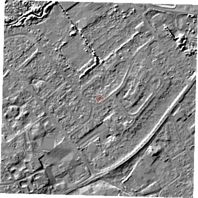 Shaded relief map of the ground around DN402SN, computed from Environment Agency LiDAR. The ground here sits at about 3 m above sea level and falls 7 m across the surrounding 800 m. Surface water reaching this point runs off ground lying to the east-north-east, 1.0 m higher.