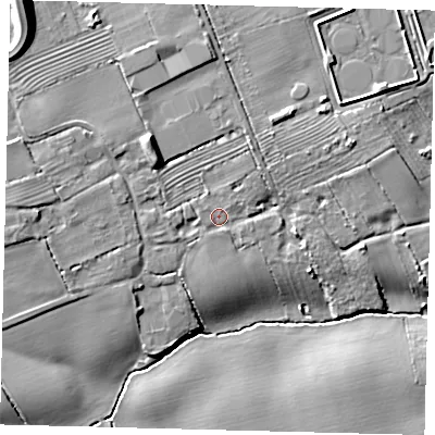 Shaded relief map of the ground around DN403DE, computed from Environment Agency LiDAR. The ground here sits at about 10 m above sea level and falls 16 m across the surrounding 800 m. Surface water reaching this point runs off ground lying to the north-west, 6.6 m higher.