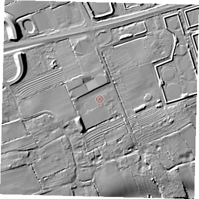 Shaded relief map of the ground around DN403DQ, computed from Environment Agency LiDAR. The ground here sits at about 10 m above sea level and falls 15 m across the surrounding 800 m. Surface water reaching this point runs off ground lying to the south-south-west, 0.7 m higher.