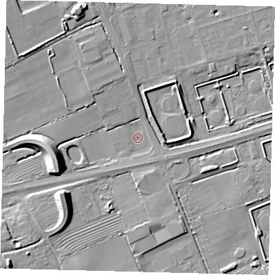 Shaded relief map of the ground around DN403DU, computed from Environment Agency LiDAR. The ground here sits at about 8 m above sea level and falls 14 m across the surrounding 800 m. Surface water reaching this point runs off ground lying to the south-south-west, 1.9 m higher.