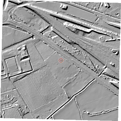 Shaded relief map of the ground around DN403DX, computed from Environment Agency LiDAR. The ground here sits at about 5 m above sea level and falls 11 m across the surrounding 800 m. The ground contributing surface water to this point lies to the south-south-west.