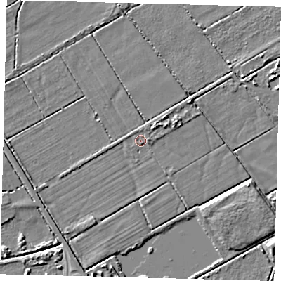 Shaded relief map of the ground around DN403EA, computed from Environment Agency LiDAR. The ground here sits at about 3 m above sea level and falls 4 m across the surrounding 800 m. Surface water reaching this point runs off ground lying to the east, 1.4 m higher.
