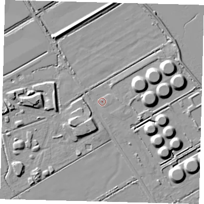 Shaded relief map of the ground around DN403ED, computed from Environment Agency LiDAR. The ground here sits at about 4 m above sea level and falls 9 m across the surrounding 800 m. Surface water reaching this point runs off ground lying to the east-north-east, 7.2 m higher.