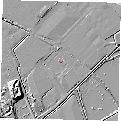 Shaded relief map of the ground around DN403JP, computed from Environment Agency LiDAR. The ground here sits at about 4 m above sea level and falls 16 m across the surrounding 800 m. Surface water reaching this point runs off ground lying to the south-south-west, 1.3 m higher.