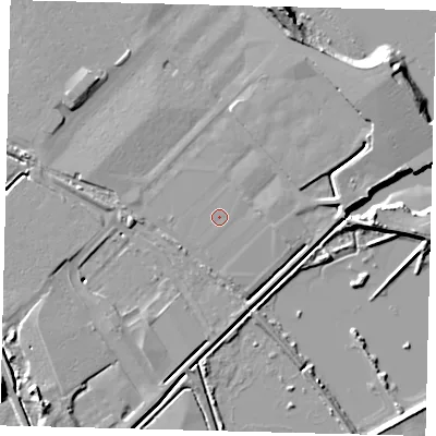 Shaded relief map of the ground around DN403JS, computed from Environment Agency LiDAR. The ground here sits at about 4 m above sea level and falls 9 m across the surrounding 800 m. The ground contributing surface water to this point lies to the south-west.