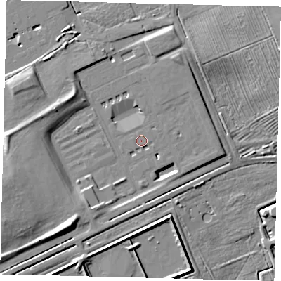 Shaded relief map of the ground around DN403LU, computed from Environment Agency LiDAR. The ground here sits at about 8 m above sea level and falls 14 m across the surrounding 800 m. Surface water reaching this point runs off ground lying to the west-south-west, 12.1 m higher.