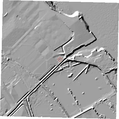 Shaded relief map of the ground around DN403LX, computed from Environment Agency LiDAR. The ground here sits at about 4 m above sea level and falls 8 m across the surrounding 800 m. Surface water reaching this point runs off ground lying to the east-north-east, 3.1 m higher.