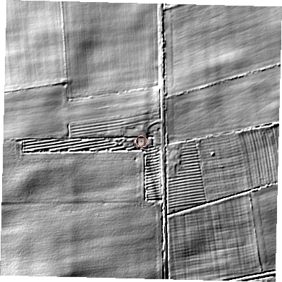 Shaded relief map of the ground around DN403PX, computed from Environment Agency LiDAR. The ground here sits at about 10 m above sea level and falls 8 m across the surrounding 800 m. Surface water reaching this point runs off ground lying to the west, 3.3 m higher.