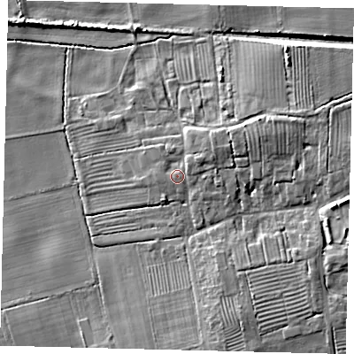 Shaded relief map of the ground around DN403PZ, computed from Environment Agency LiDAR. The ground here sits at about 7 m above sea level and falls 11 m across the surrounding 800 m. Surface water reaching this point runs off ground lying to the east, 1.2 m higher.