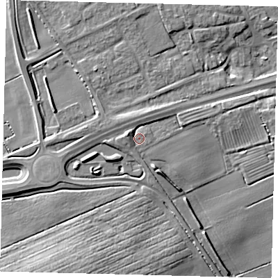 Shaded relief map of the ground around DN403QG, computed from Environment Agency LiDAR. The ground here sits at about 16 m above sea level and falls 9 m across the surrounding 800 m. Surface water reaching this point runs off ground lying to the west, 2.2 m higher.