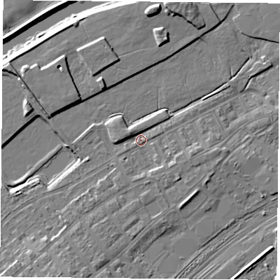 Shaded relief map of the ground around DN40BX, computed from Environment Agency LiDAR. The ground here sits at about 12 m above sea level and falls 8 m across the surrounding 800 m. Surface water reaching this point runs off ground lying to the south-south-west, 4.6 m higher.