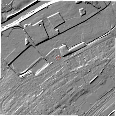 Shaded relief map of the ground around DN40DA, computed from Environment Agency LiDAR. The ground here sits at about 12 m above sea level and falls 8 m across the surrounding 800 m. Surface water reaching this point runs off ground lying to the south-west, 1.0 m higher.
