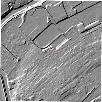 Shaded relief map of the ground around DN40DX, computed from Environment Agency LiDAR. The ground here sits at about 12 m above sea level and falls 10 m across the surrounding 800 m. Surface water reaching this point runs off ground lying to the south-south-west, 5.4 m higher.
