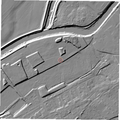 Shaded relief map of the ground around DN40FL, computed from Environment Agency LiDAR. The ground here sits at about 13 m above sea level and falls 10 m across the surrounding 800 m. Surface water reaching this point runs off ground lying to the north, 3.8 m higher.
