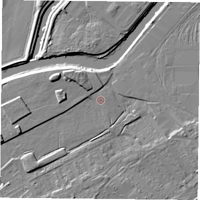 Shaded relief map of the ground around DN40FN, computed from Environment Agency LiDAR. The ground here sits at about 12 m above sea level and falls 10 m across the surrounding 800 m. Surface water reaching this point runs off ground lying to the west, 1.8 m higher.
