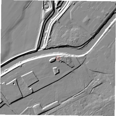 Shaded relief map of the ground around DN40FW, computed from Environment Agency LiDAR. The ground here sits at about 16 m above sea level and falls 10 m across the surrounding 800 m. Surface water reaching this point runs off ground lying to the west-south-west, 2.5 m higher.
